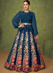 Navy Blue Embroidered Georgette Peplum Top with Lehenga Indowestern outfit
