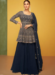 Navy Blue Embroidered Georgette Anarkali with Palazzo