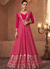 Hot Pink Embroidered Georgette Jacket style Suit