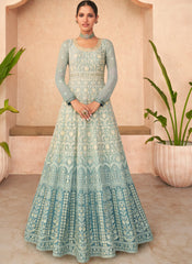 Shaded Light Blue and Blue Georgette Anarkali Style Suit