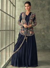 Navy Blue Saree Style Indowestern Outfit with Jacket