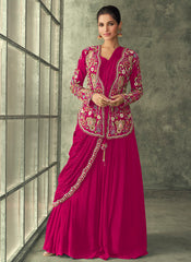 Rani-Magenta Saree Style Indowestern Outfit with Jacket