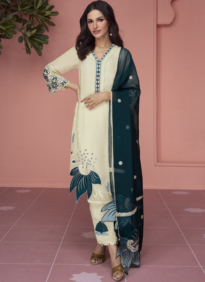 Off White and Tel Blue Embellished Organza Straight Cut Suit - nirshaa