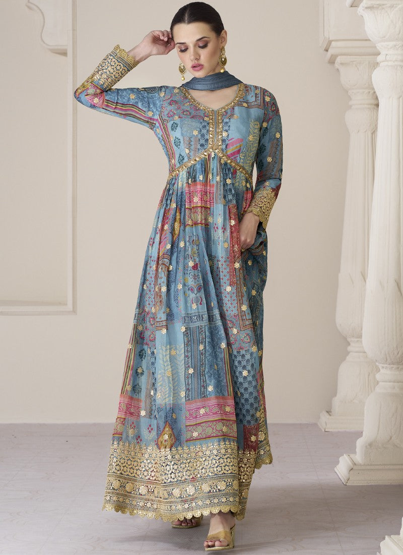 Alluring Blue Embellished Organza Silk Anarkali Suit - nirshaa