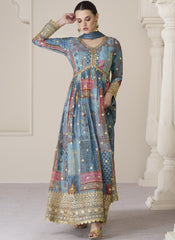 Alluring Blue Embellished Organza Silk Anarkali Suit - nirshaa