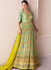 Bottle Green and Yellow Georgette Anarkali Suit