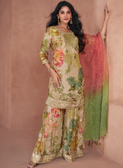 Beige Floral Printed Georgette Sharara Style Suit