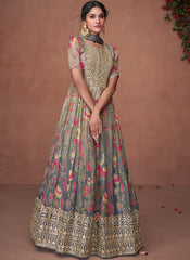 Shaded Grey and Blue Party Wear Organza Silk Anarkali Suit
