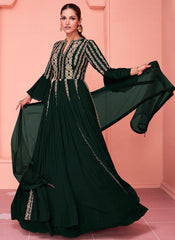 Dark Green Chinon-Georgette Indowestern Gown