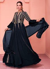 Navy Blue Chinon-Georgette Indowestern Gown