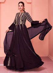 Dark Purple Chinon-Georgette Indowestern Gown