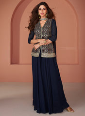 Navy Blue Ready to Wear Georgette Indowestern Outfit