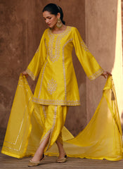 Yellow Party Wear Premium Silk Salwar Kameez with Dhoti Style Pants