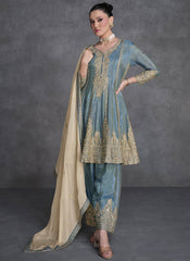 Grey and Beige Embroidered Organza Silk Suit