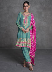 Sea Green and Pink Embroidered Organza Silk Suit