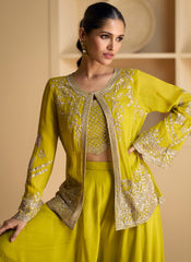 Lime Green Sequence Embroidered Jacket Style Palazzo Suit