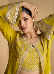 Lime Green Sequence Embroidered Jacket Style Palazzo Suit