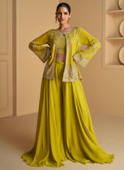 Lime Green Sequence Embroidered Jacket Style Palazzo Suit