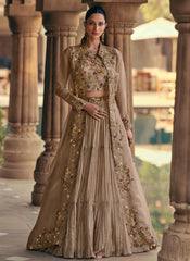 Pastel Brown Multi Embroidered Lehenga Choli With Jacket