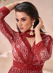 Red Designer Embroidered Anarkali Suit