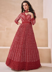 Red Designer Embroidered Anarkali Suit