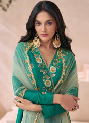 Rama Green Multi-Embroidery Premium Silk Anarkali Suit