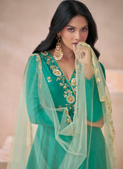 Rama Green Multi-Embroidery Premium Silk Anarkali Suit