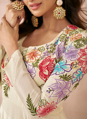 Off-White Multi-Embroidery Premium Silk Anarkali Suit