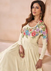 Off-White Multi-Embroidery Premium Silk Anarkali Suit
