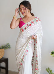 White and Pink Sequins Work Georgette Saree