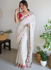 White and Pink Sequins Work Georgette Saree