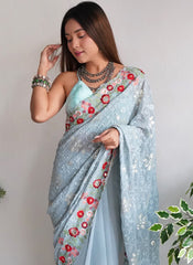 Greyish Blue Sequins Work Georgette Saree