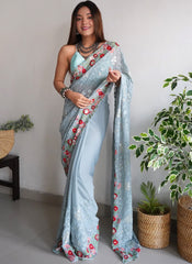 Greyish Blue Sequins Work Georgette Saree