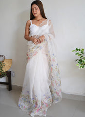 White Digital Printed Organza Saree