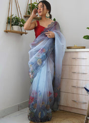 Grey Digital Printed Organza Saree