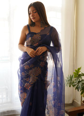 Navy Blue Digital Printed Organza Saree