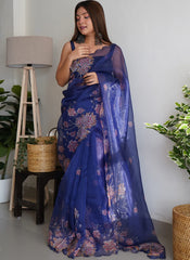 Navy Blue Digital Printed Organza Saree