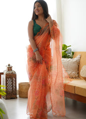 Orange Digital Printed Organza Saree