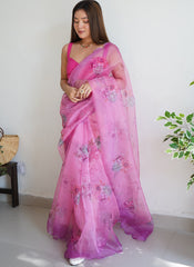 Pink Digital Printed Organza Saree