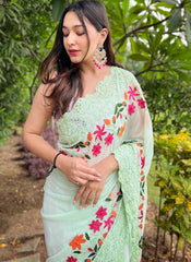 Light Green Embroidered Georgette Saree