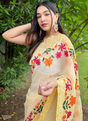 Light Yellow Embroidered Georgette Saree