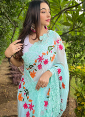 Sky Blue Embroidered Georgette Saree