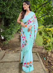 Sky Blue Embroidered Georgette Saree