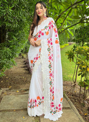 White Embroidered Georgette Saree