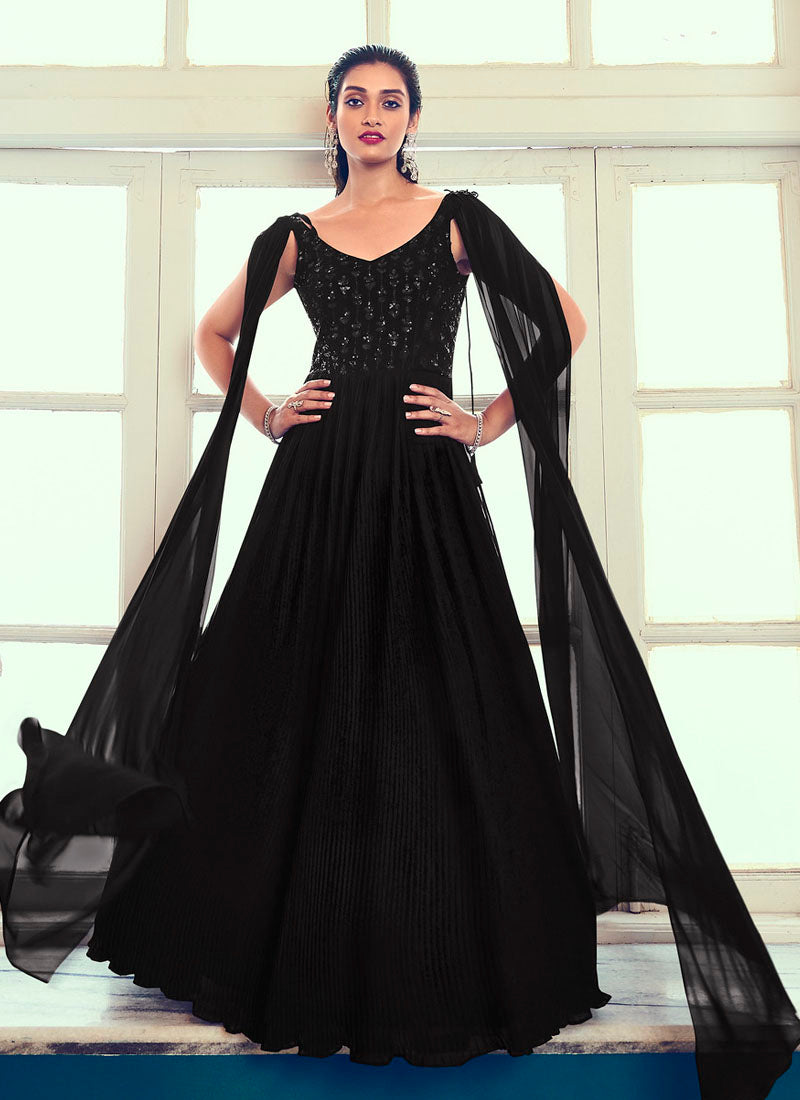 Bold Black Ready to Wear Georgette Indowestern Gown - nirshaa