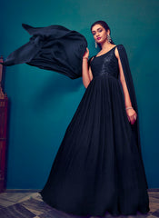 Magnificient Navy Blue Ready to Wear Georgette Indowestern Gown - nirshaa