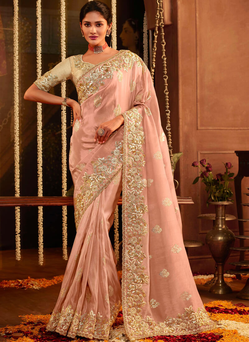 Baby Pink Heavy Embroidered Viscose Silk Saree - nirshaa