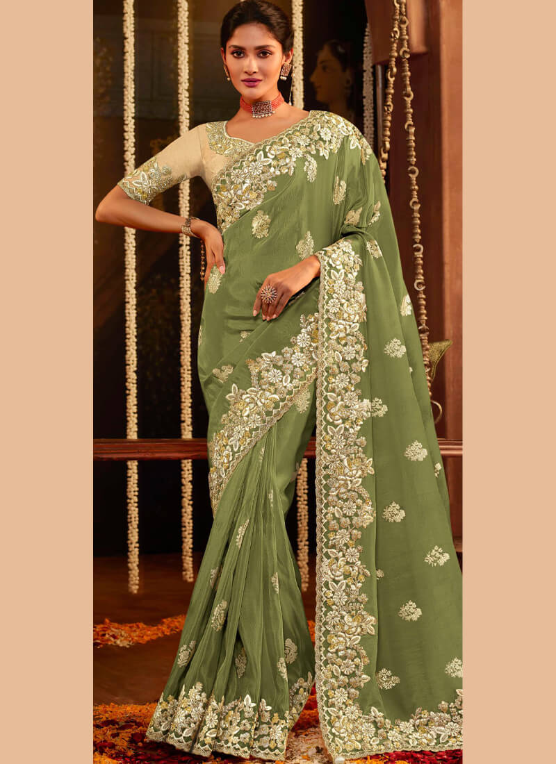 Green Heavy Embroidered Viscose Silk Saree - nirshaa