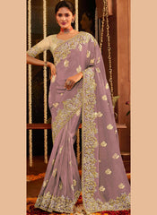 Pastel Purple Heavy Embroidered Viscose Silk Saree - nirshaa