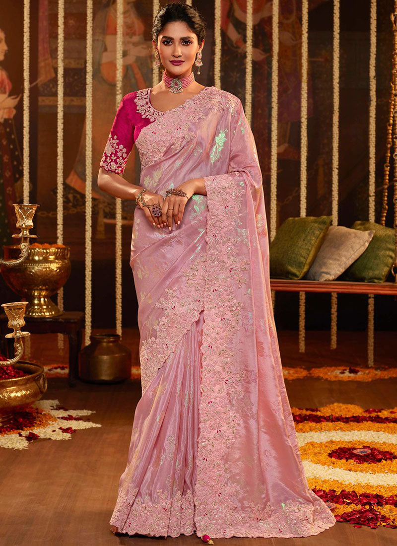 Baby Pink and Rani Heavy Embroidered Viscose Silk Saree - nirshaa